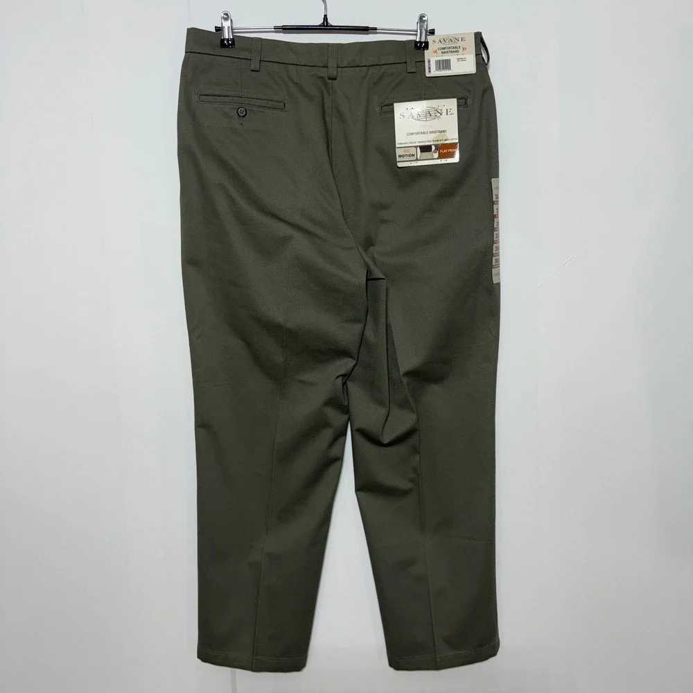Savane Pants Mens 38x30 Earth‎ Green Chino Flat Front Motion Premium Cotton New